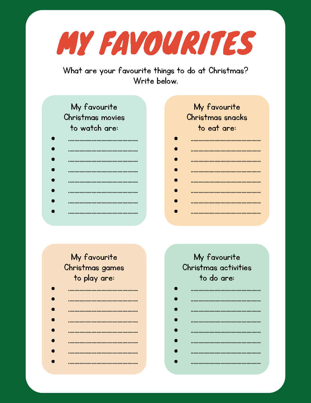 Christmas Favorites Activity Chart, Holiday Movies, Snacks, Games, Crafts Printable Organizer