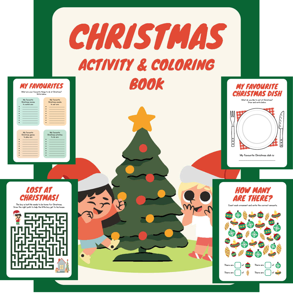Christmas Activity and Coloring Book, Kids Holiday Fun, Educational Worksheets, Festive Games
