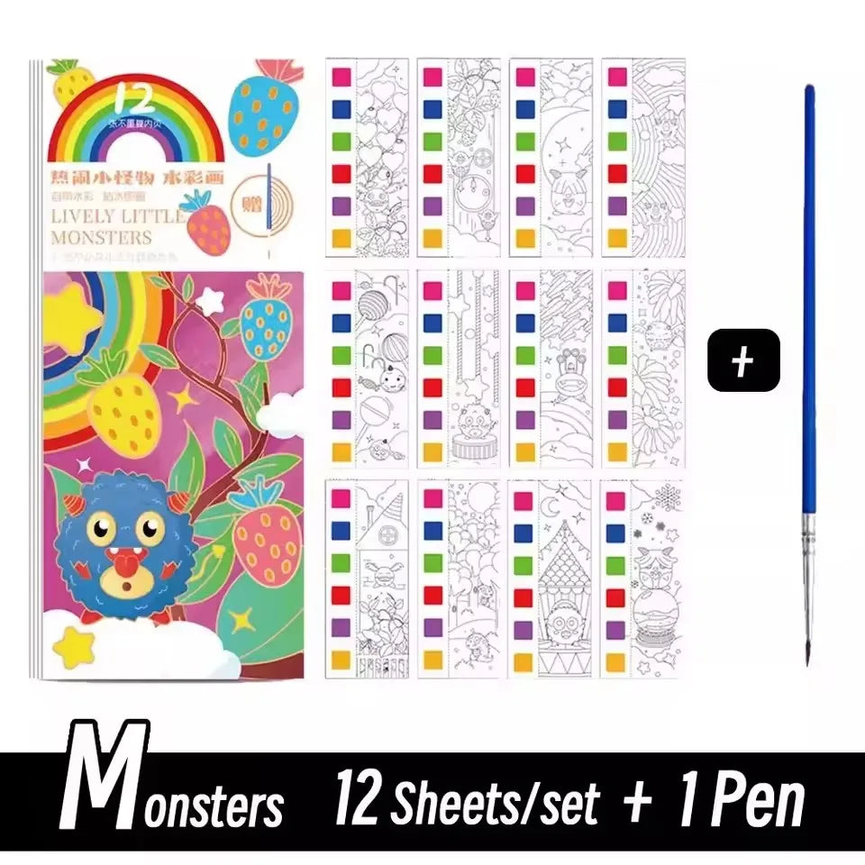 Portable 12 Sheets Kids Watercolor Painting Book Set