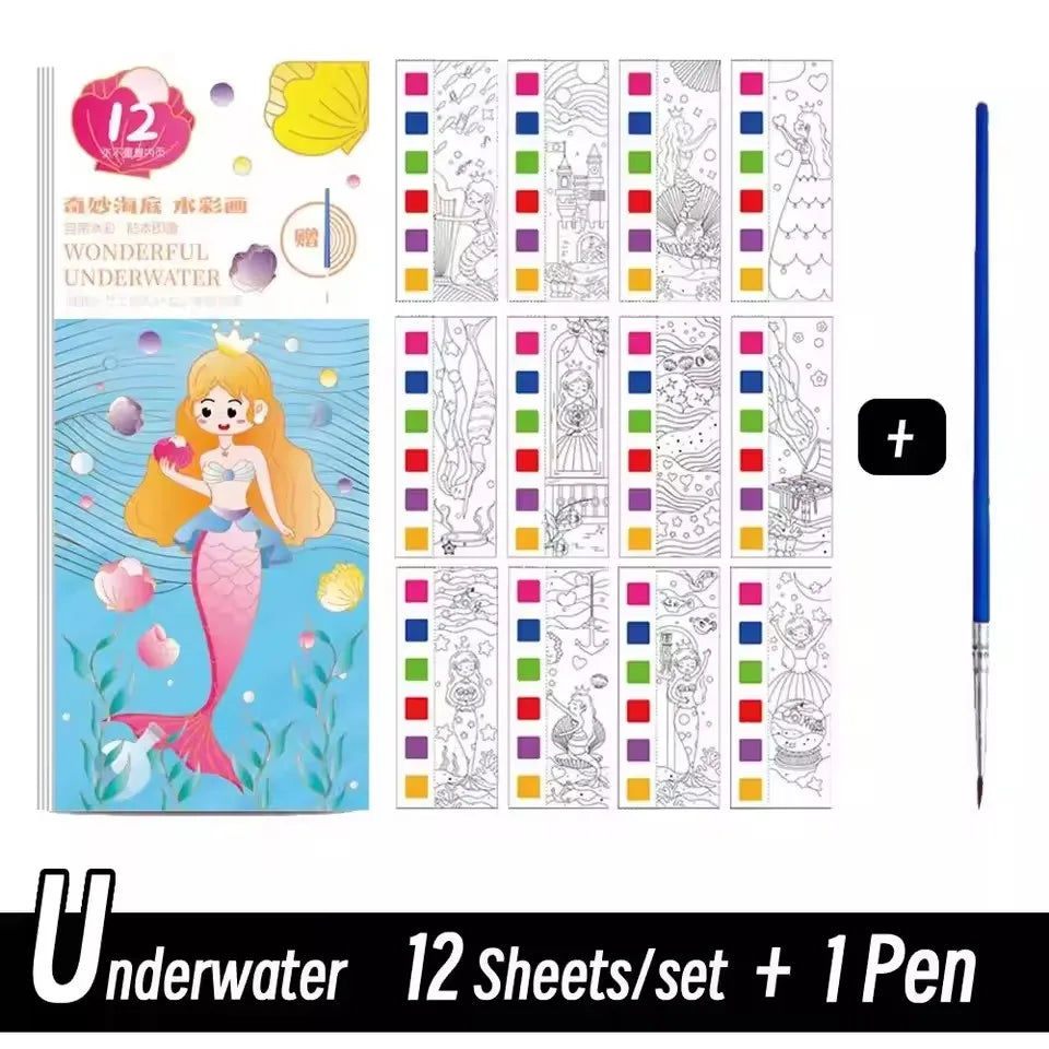 Portable 12 Sheets Kids Watercolor Painting Book Set