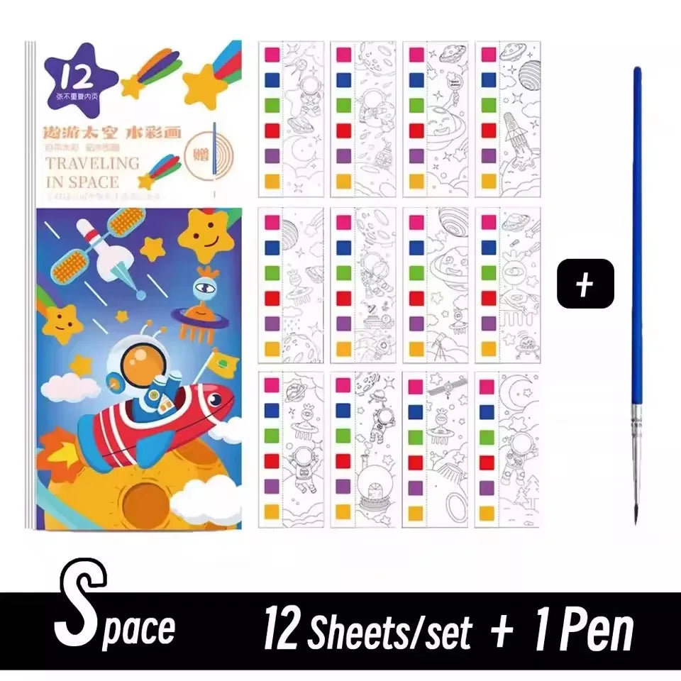 Portable 12 Sheets Kids Watercolor Painting Book Set