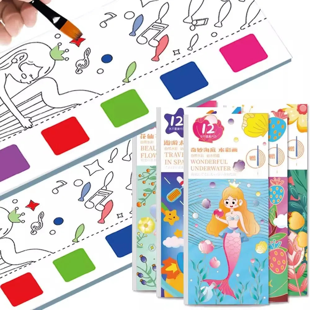 Portable 12 Sheets Kids Watercolor Painting Book Set
